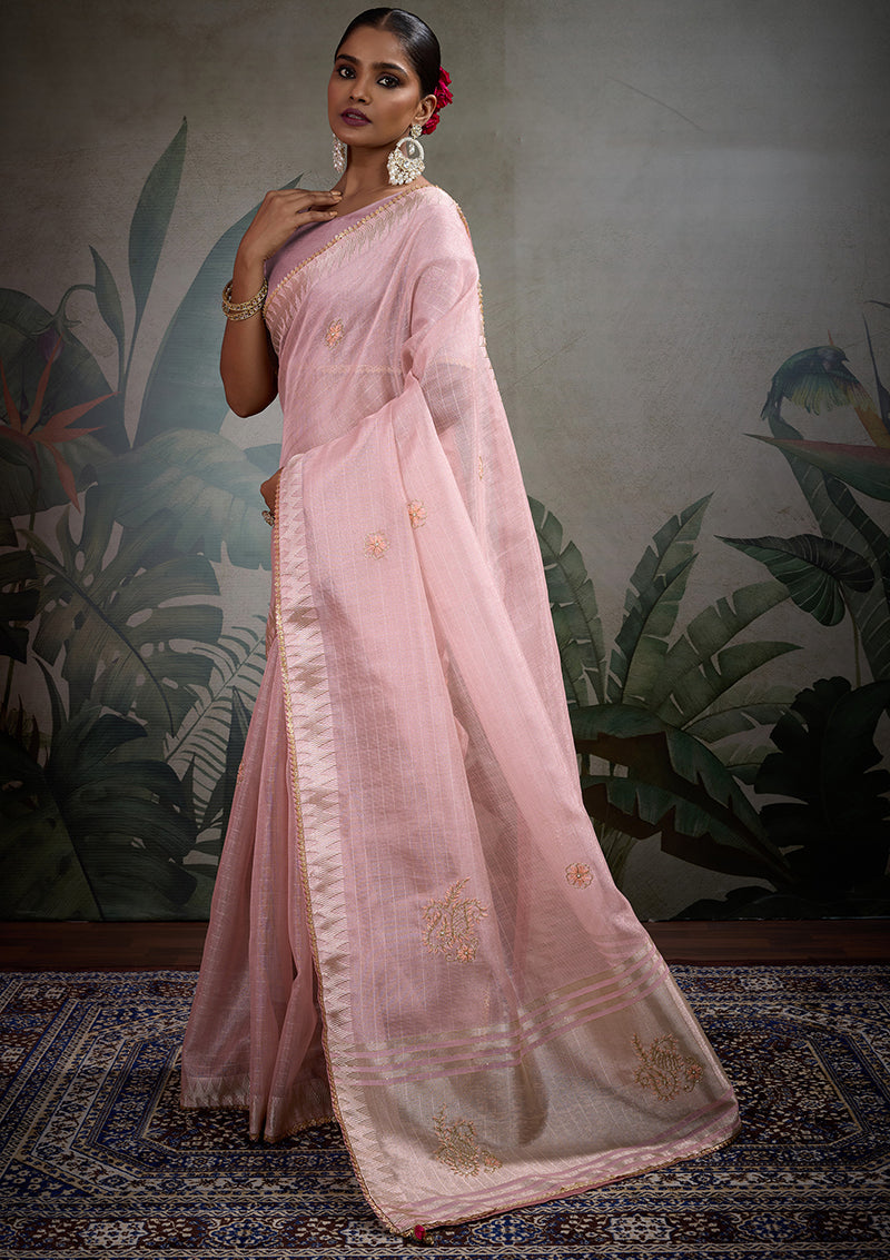 Monjolika Fashion Beautiful Light Pink Color Tissue Linen Khatli Hand Work Classic Saree