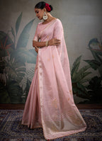 Monjolika Fashion Beautiful Light Pink Color Tissue Linen Khatli Hand Work Classic Saree