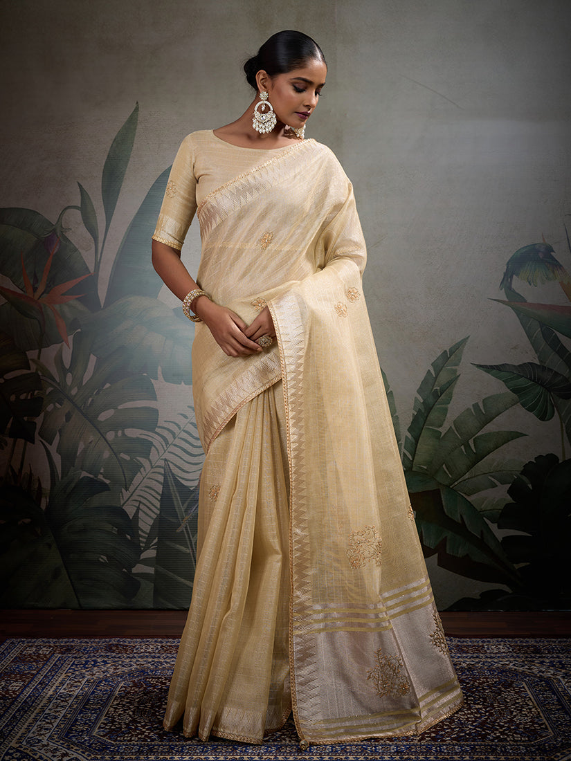 Monjolika Fashion Beautiful Light Yellow Color Tissue Linen Khatli Hand Work Classic Saree