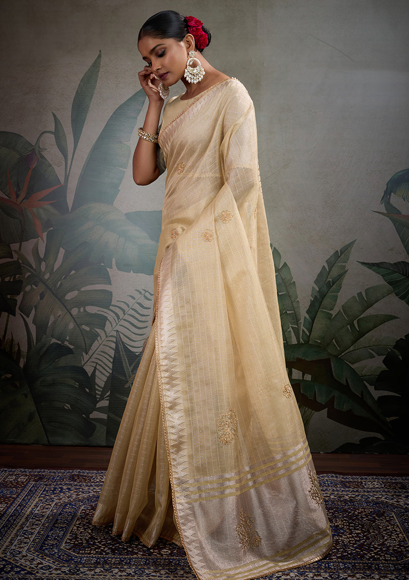 Monjolika Fashion Beautiful Light Yellow Color Tissue Linen Khatli Hand Work Classic Saree
