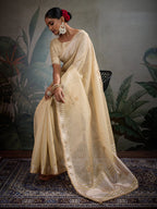 Monjolika Fashion Beautiful Light Yellow Color Tissue Linen Khatli Hand Work Classic Saree