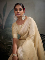Monjolika Fashion Beautiful Light Yellow Color Tissue Linen Khatli Hand Work Classic Saree