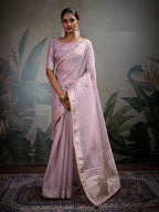Monjolika Fashion Beautiful Lilac Color Tissue Linen Khatli Hand Work Classic Saree