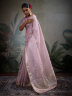 Monjolika Fashion Beautiful Lilac Color Tissue Linen Khatli Hand Work Classic Saree