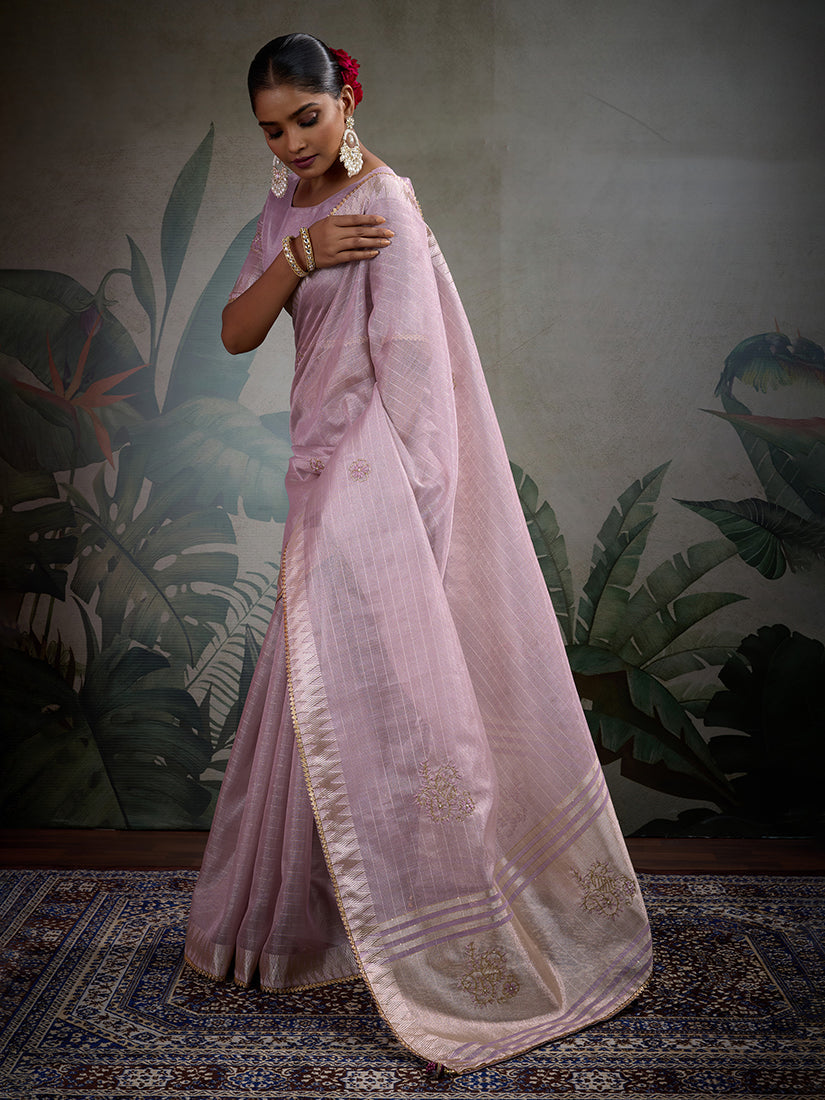 Monjolika Fashion Beautiful Lilac Color Tissue Linen Khatli Hand Work Classic Saree