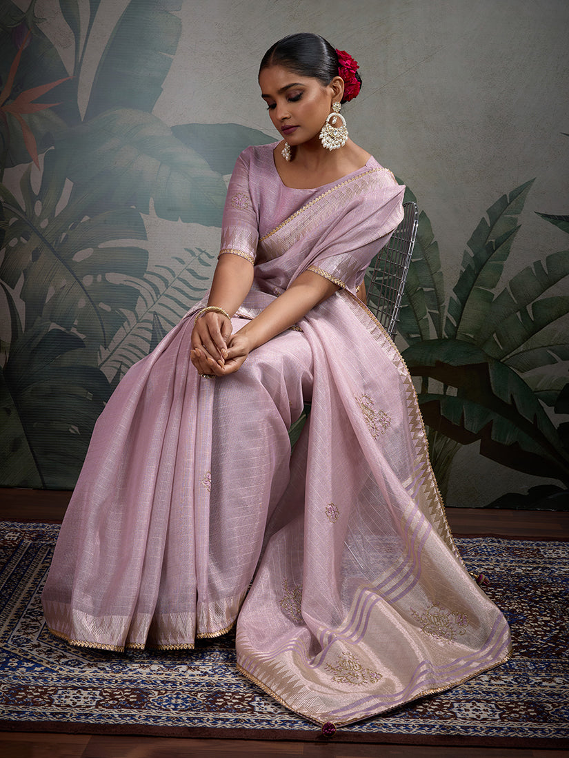 Monjolika Fashion Beautiful Lilac Color Tissue Linen Khatli Hand Work Classic Saree