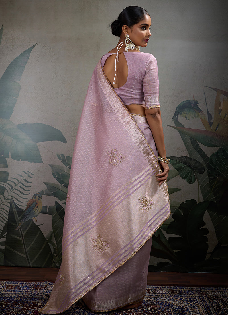 Monjolika Fashion Beautiful Lilac Color Tissue Linen Khatli Hand Work Classic Saree