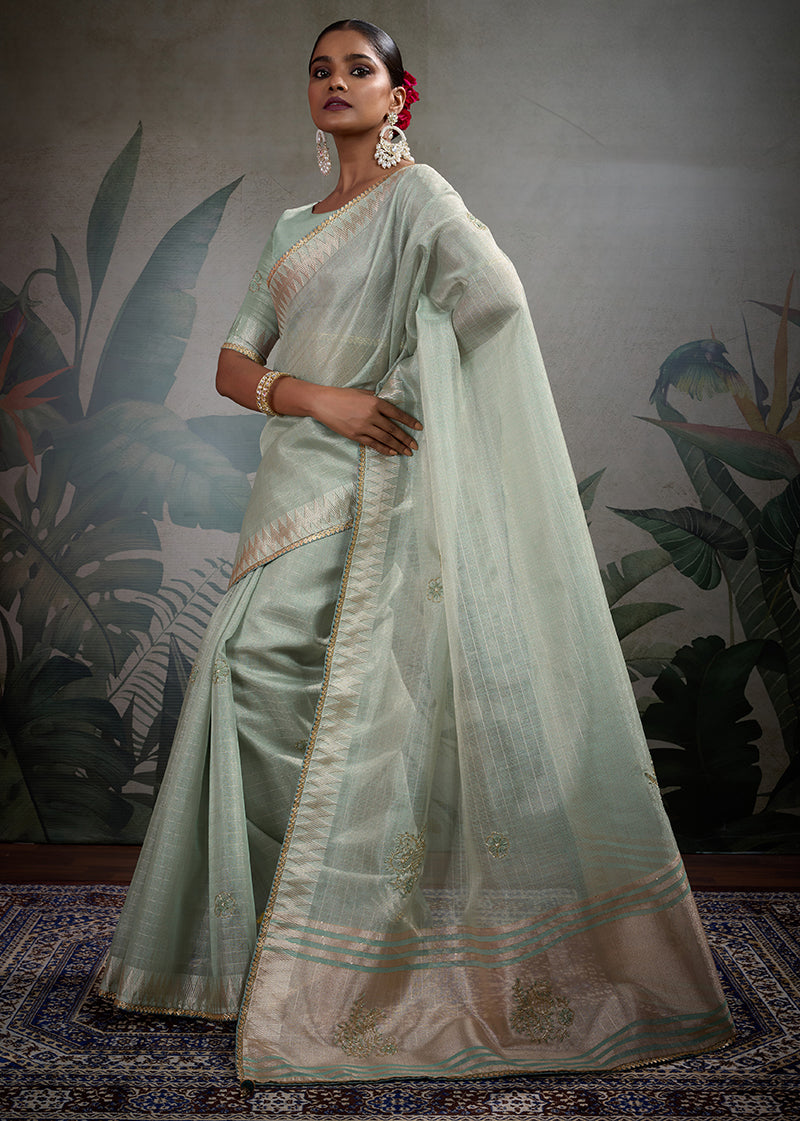 Monjolika Fashion Beautiful Light Blue Color Tissue Linen Khatli Hand Work Classic Saree