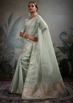 Monjolika Fashion Beautiful Light Blue Color Tissue Linen Khatli Hand Work Classic Saree