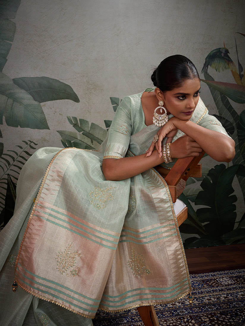 Monjolika Fashion Beautiful Light Blue Color Tissue Linen Khatli Hand Work Classic Saree