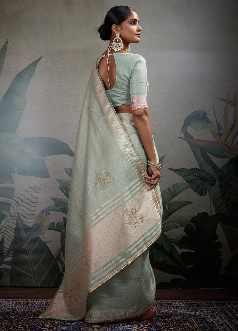 Monjolika Fashion Beautiful Light Blue Color Tissue Linen Khatli Hand Work Classic Saree