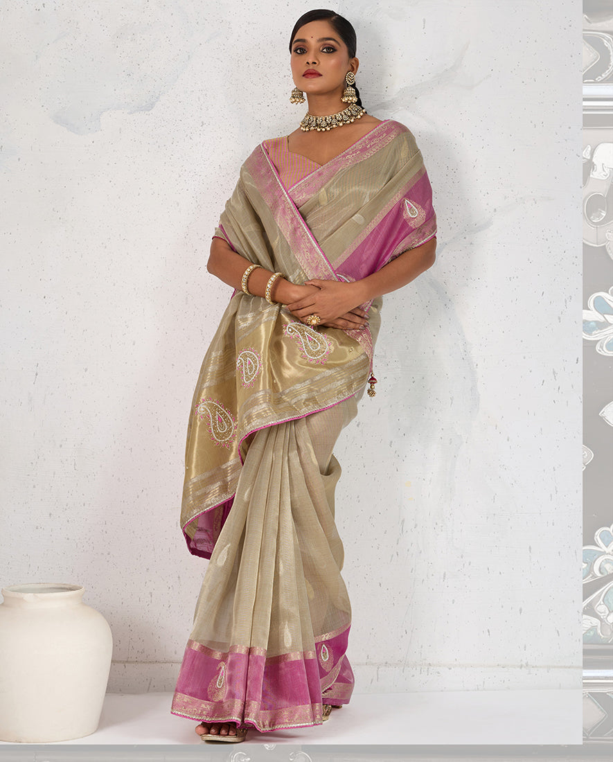 Monjolika Fashion Charming Chiku Soft Tissue Linen Saree With Pretty Blouse Piece