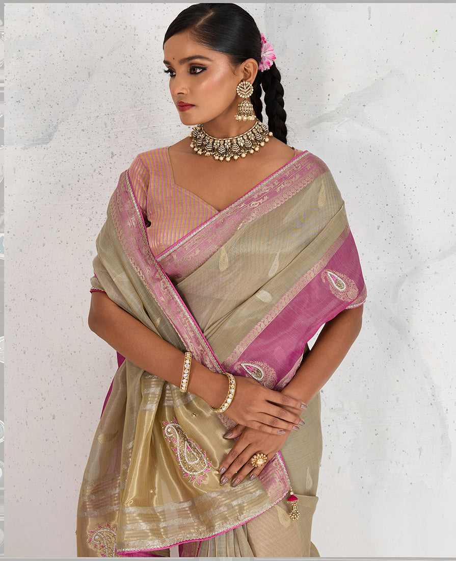 Monjolika Fashion Charming Chiku Soft Tissue Linen Saree With Pretty Blouse Piece
