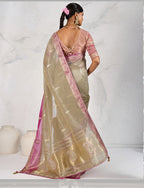 Monjolika Fashion Charming Chiku Soft Tissue Linen Saree With Pretty Blouse Piece