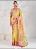 Monjolika Fashion Charming Yellow Soft Tissue Linen Saree With Pretty Blouse Piece