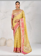 Monjolika Fashion Charming Yellow Soft Tissue Linen Saree With Pretty Blouse Piece