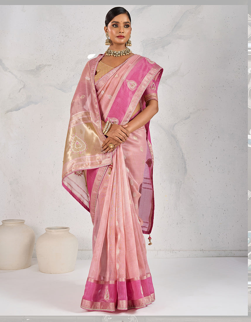 Monjolika Fashion Charming Light Pink Soft Tissue Linen Saree With Pretty Blouse Piece
