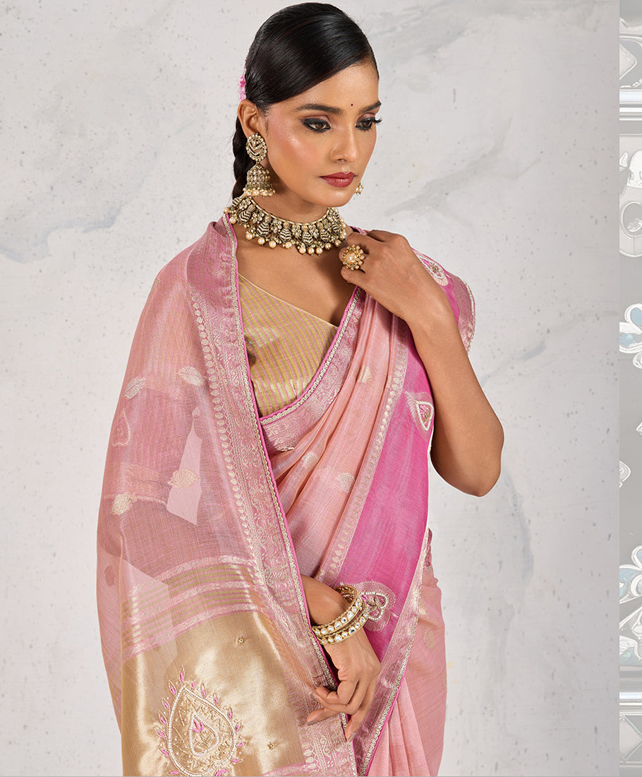 Monjolika Fashion Charming Light Pink Soft Tissue Linen Saree With Pretty Blouse Piece