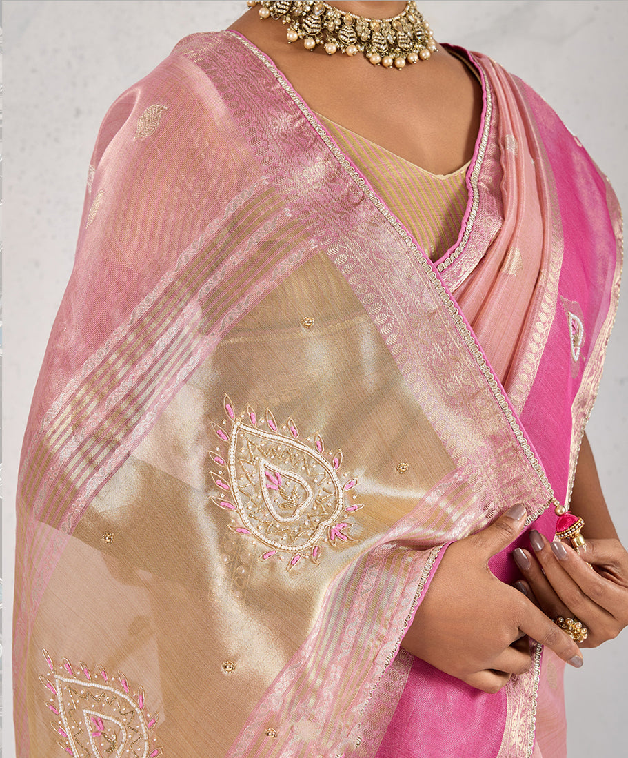 Monjolika Fashion Charming Light Pink Soft Tissue Linen Saree With Pretty Blouse Piece