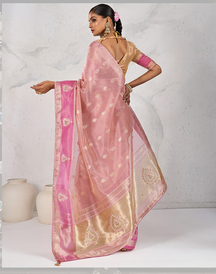 Monjolika Fashion Charming Light Pink Soft Tissue Linen Saree With Pretty Blouse Piece