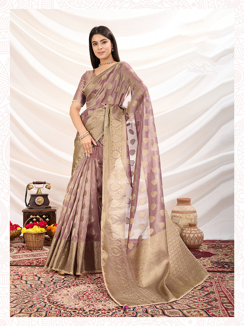 Monjolika Fashion Ethnic Light Purple Crush Tissue Designer Saree