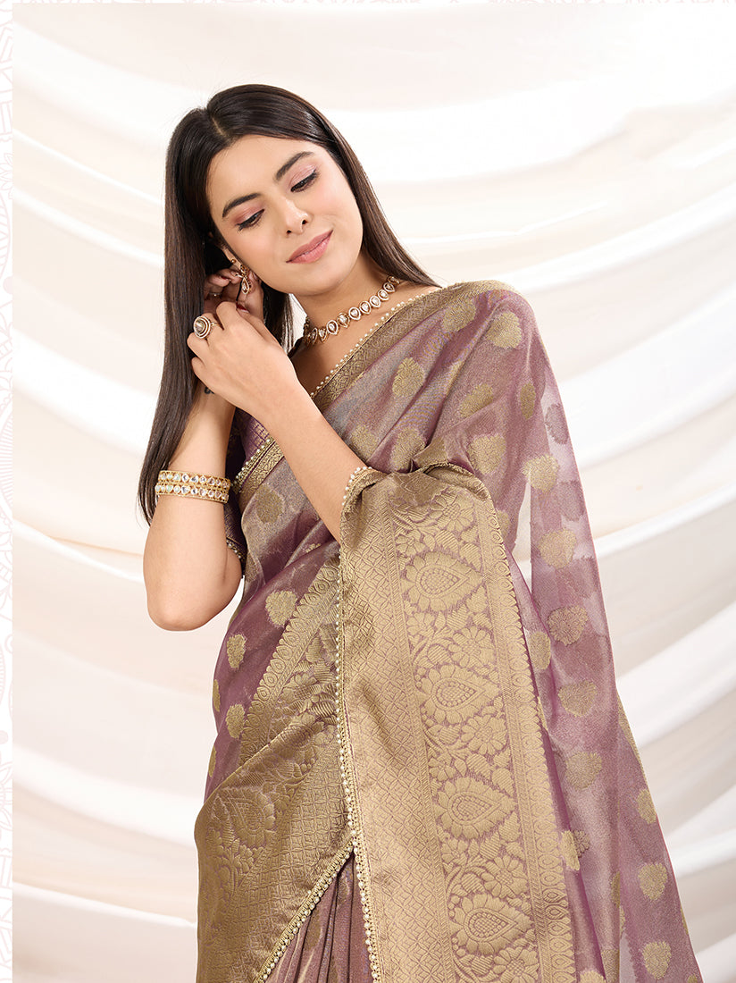 Monjolika Fashion Ethnic Light Purple Crush Tissue Designer Saree