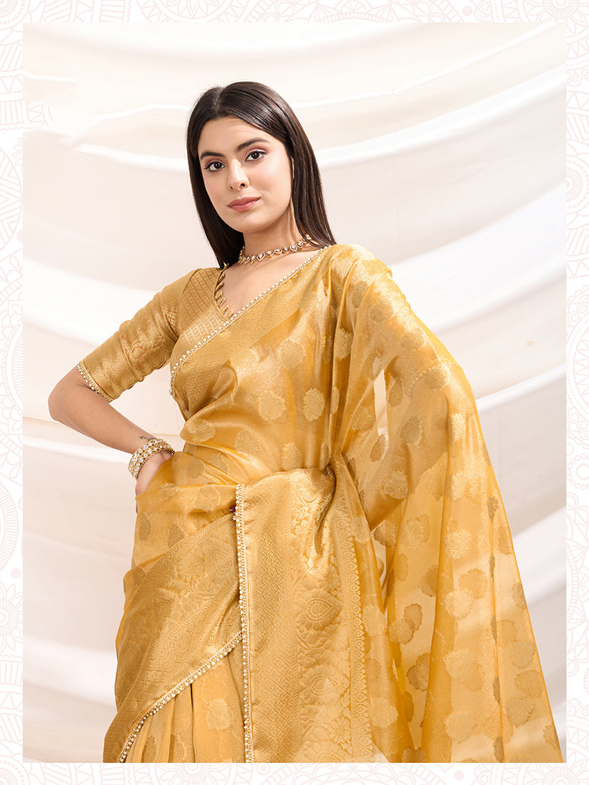 Monjolika Fashion Ethnic Light Yellow Crush Tissue Designer Saree