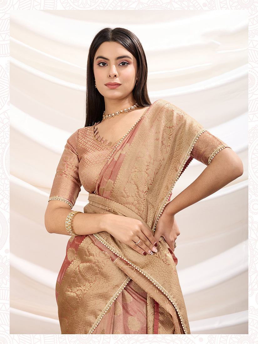 Monjolika Fashion Ethnic Light Peach Crush Tissue Designer Saree