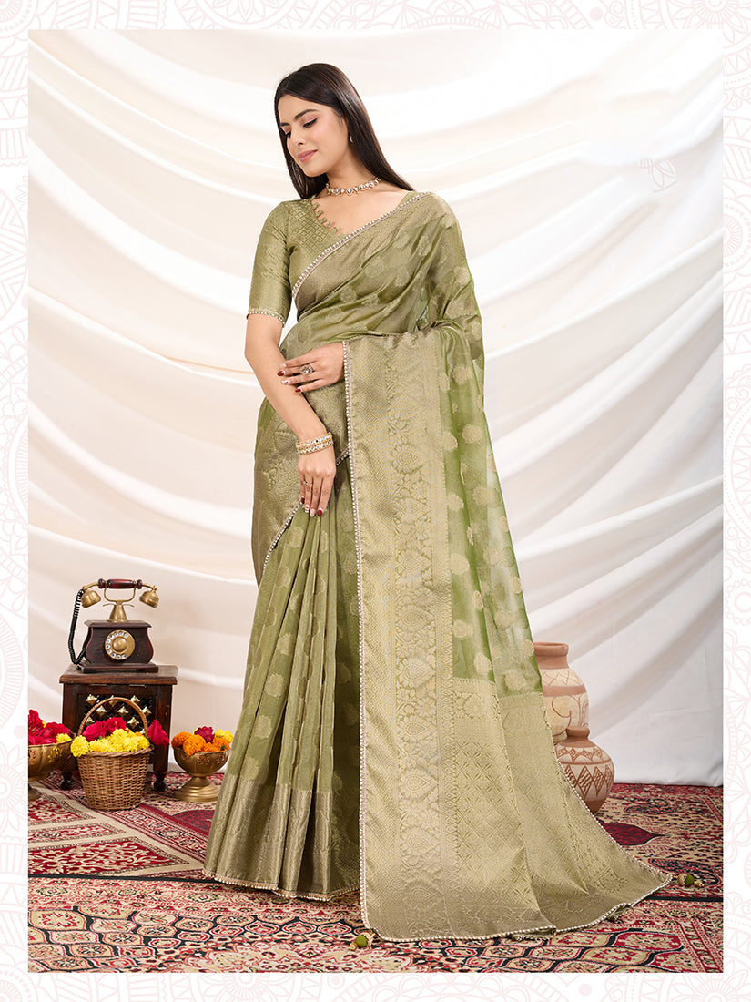 Monjolika Fashion Ethnic Light Green Crush Tissue Designer Saree