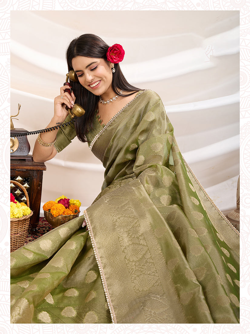 Monjolika Fashion Ethnic Light Green Crush Tissue Designer Saree