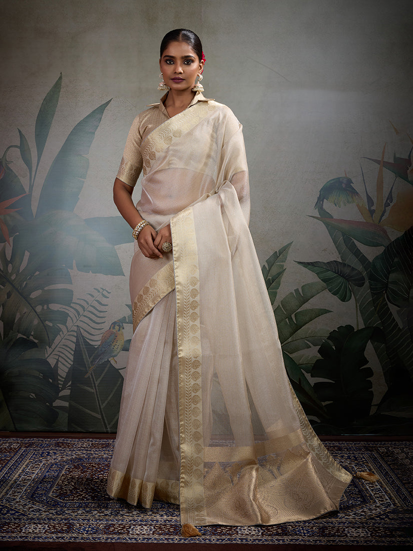 Monjolika Fashion Moiety Off White Soft Tissue Silk Saree With Tissue Brocade Blouse Piece