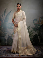 Monjolika Fashion Moiety Off White Soft Tissue Silk Saree With Tissue Brocade Blouse Piece