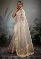 Monjolika Fashion Moiety Off White Soft Tissue Silk Saree With Tissue Brocade Blouse Piece