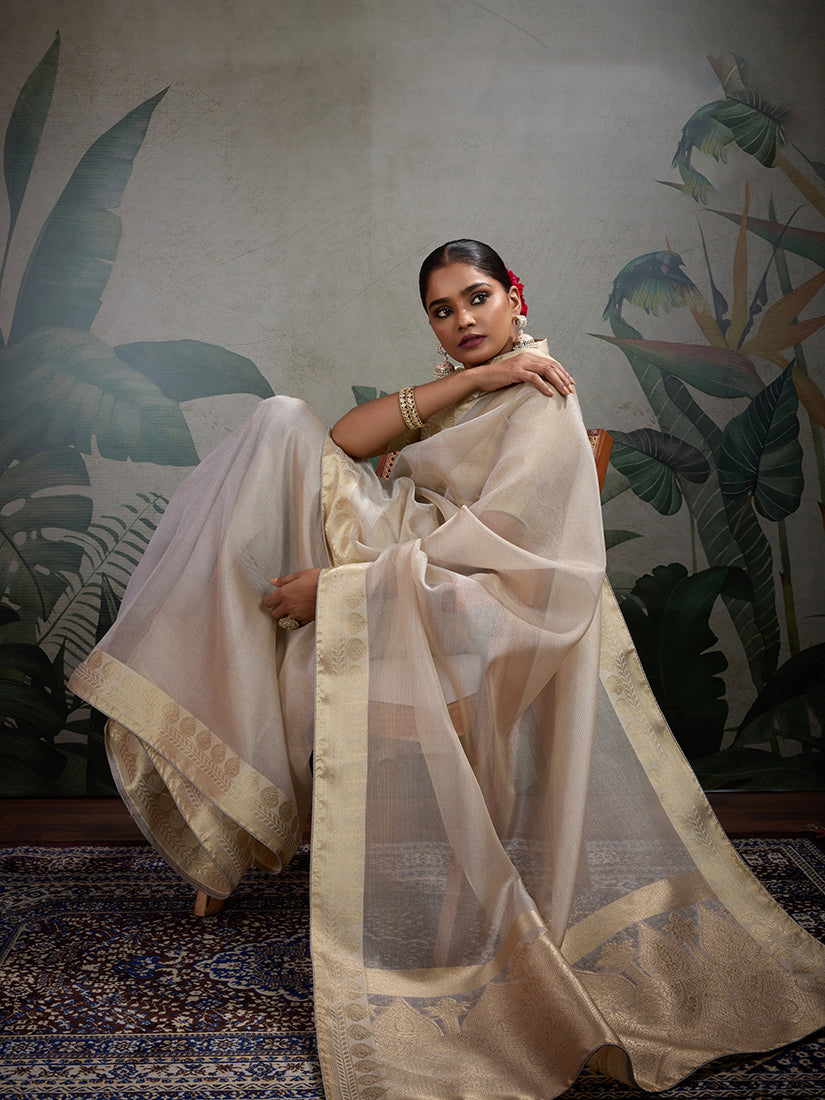 Monjolika Fashion Moiety Off White Soft Tissue Silk Saree With Tissue Brocade Blouse Piece