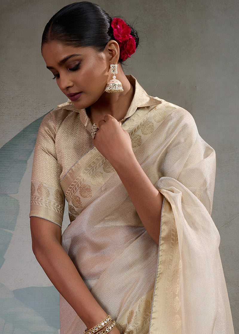 Monjolika Fashion Moiety Off White Soft Tissue Silk Saree With Tissue Brocade Blouse Piece