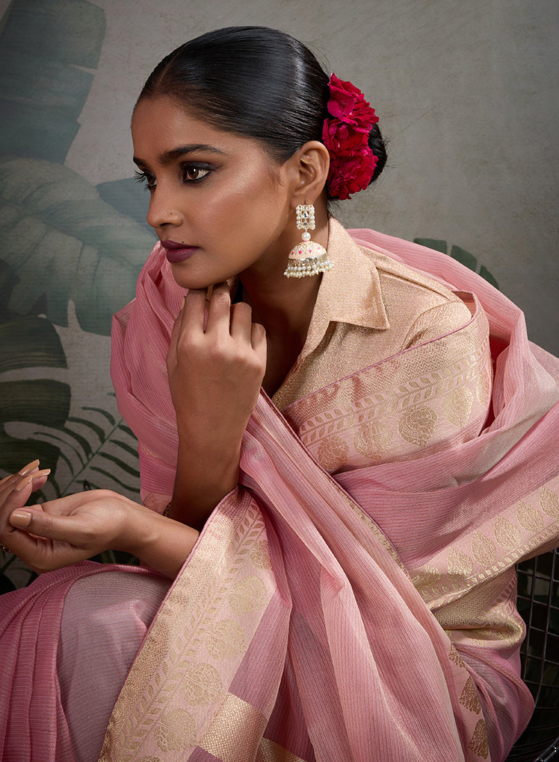 Monjolika Fashion Moiety Light Pink Soft Tissue Silk Saree With Tissue Brocade Blouse Piece