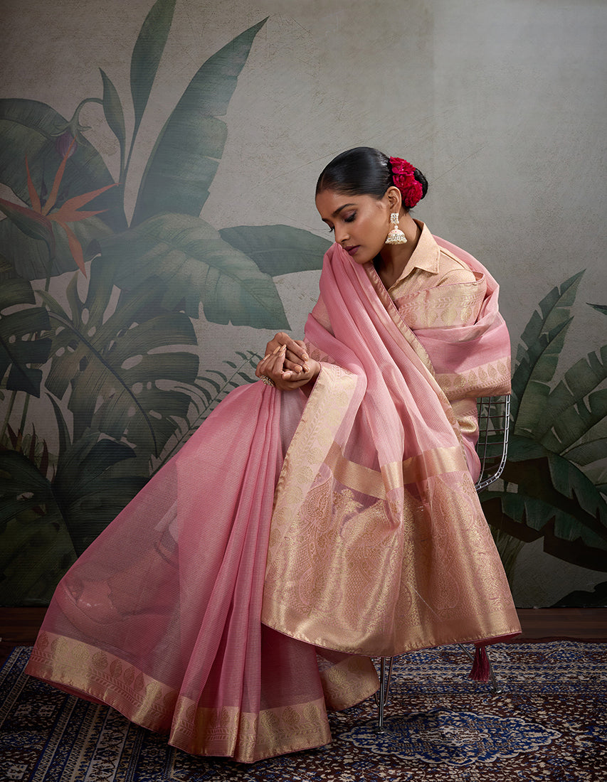 Monjolika Fashion Moiety Light Pink Soft Tissue Silk Saree With Tissue Brocade Blouse Piece