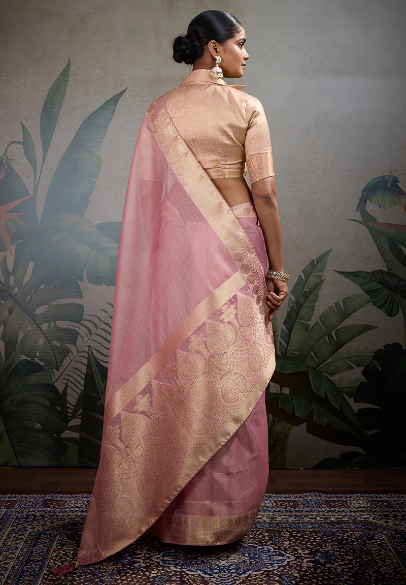 Monjolika Fashion Moiety Light Pink Soft Tissue Silk Saree With Tissue Brocade Blouse Piece