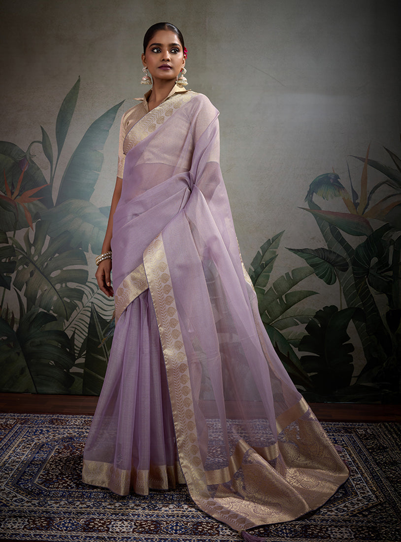 Monjolika Fashion Moiety Light Purple Soft Tissue Silk Saree With Tissue Brocade Blouse Piece