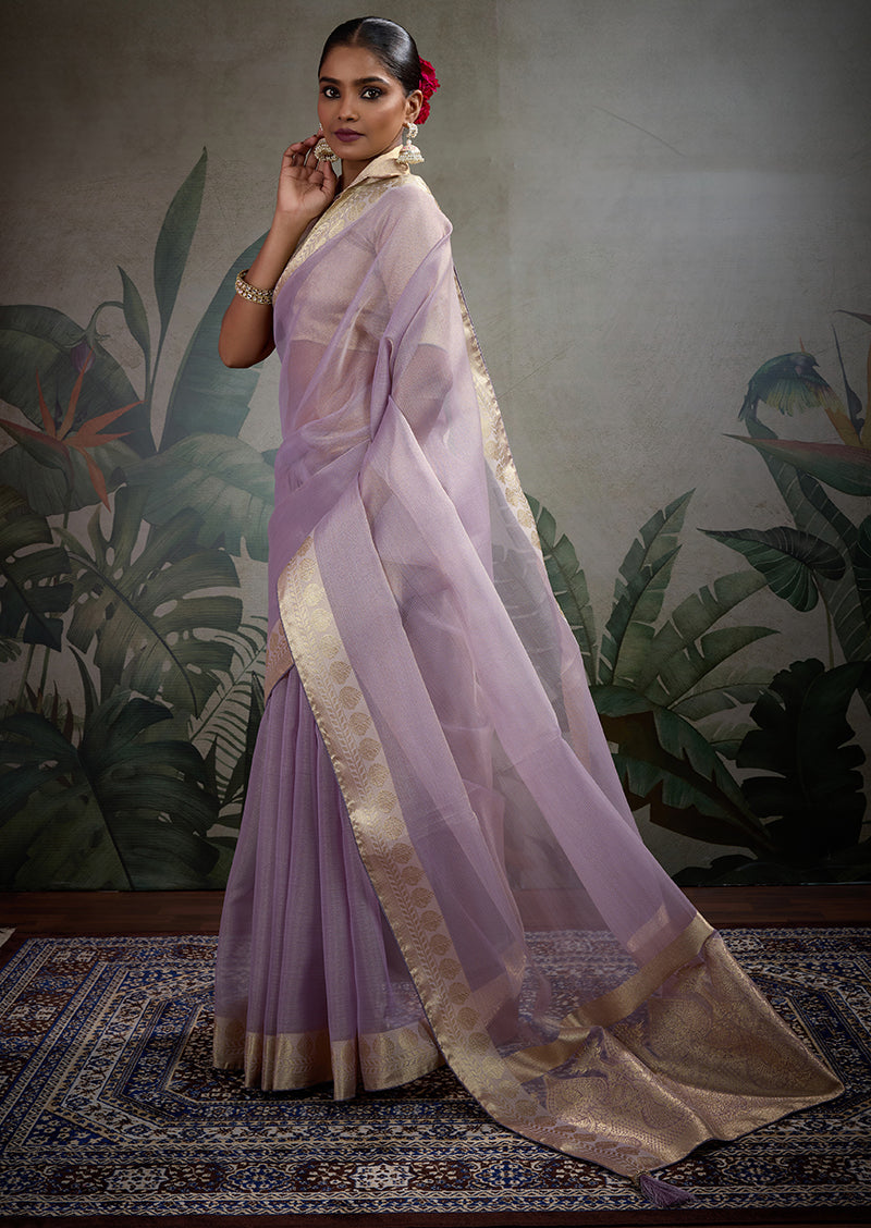 Monjolika Fashion Moiety Light Purple Soft Tissue Silk Saree With Tissue Brocade Blouse Piece