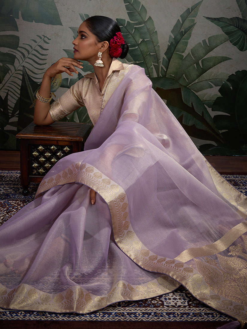 Monjolika Fashion Moiety Light Purple Soft Tissue Silk Saree With Tissue Brocade Blouse Piece