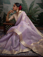 Monjolika Fashion Moiety Light Purple Soft Tissue Silk Saree With Tissue Brocade Blouse Piece