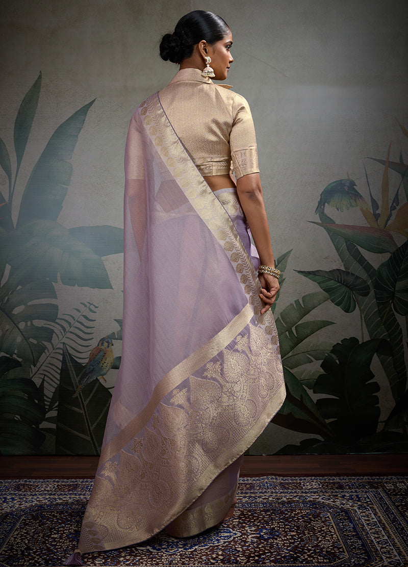 Monjolika Fashion Moiety Light Purple Soft Tissue Silk Saree With Tissue Brocade Blouse Piece