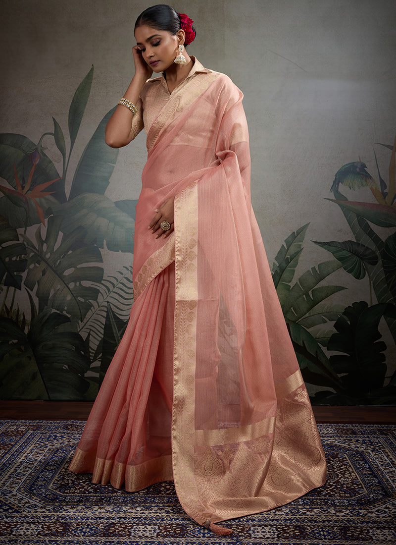 Monjolika Fashion Moiety Light Peach Soft Tissue Silk Saree With Tissue Brocade Blouse Piece