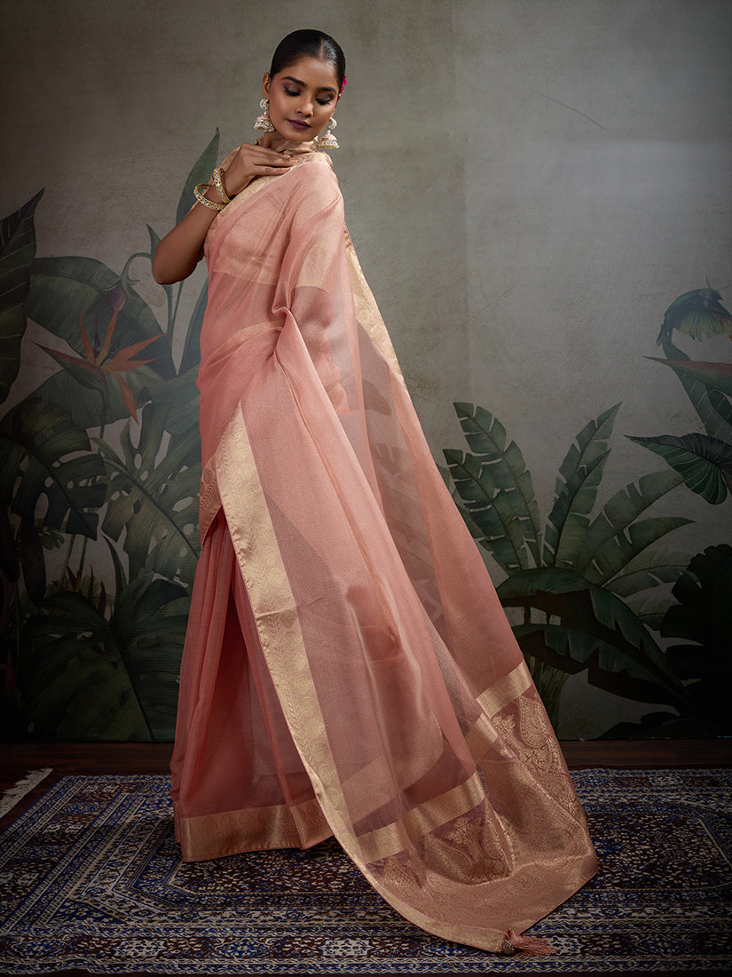 Monjolika Fashion Moiety Light Peach Soft Tissue Silk Saree With Tissue Brocade Blouse Piece
