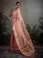 Monjolika Fashion Moiety Light Peach Soft Tissue Silk Saree With Tissue Brocade Blouse Piece