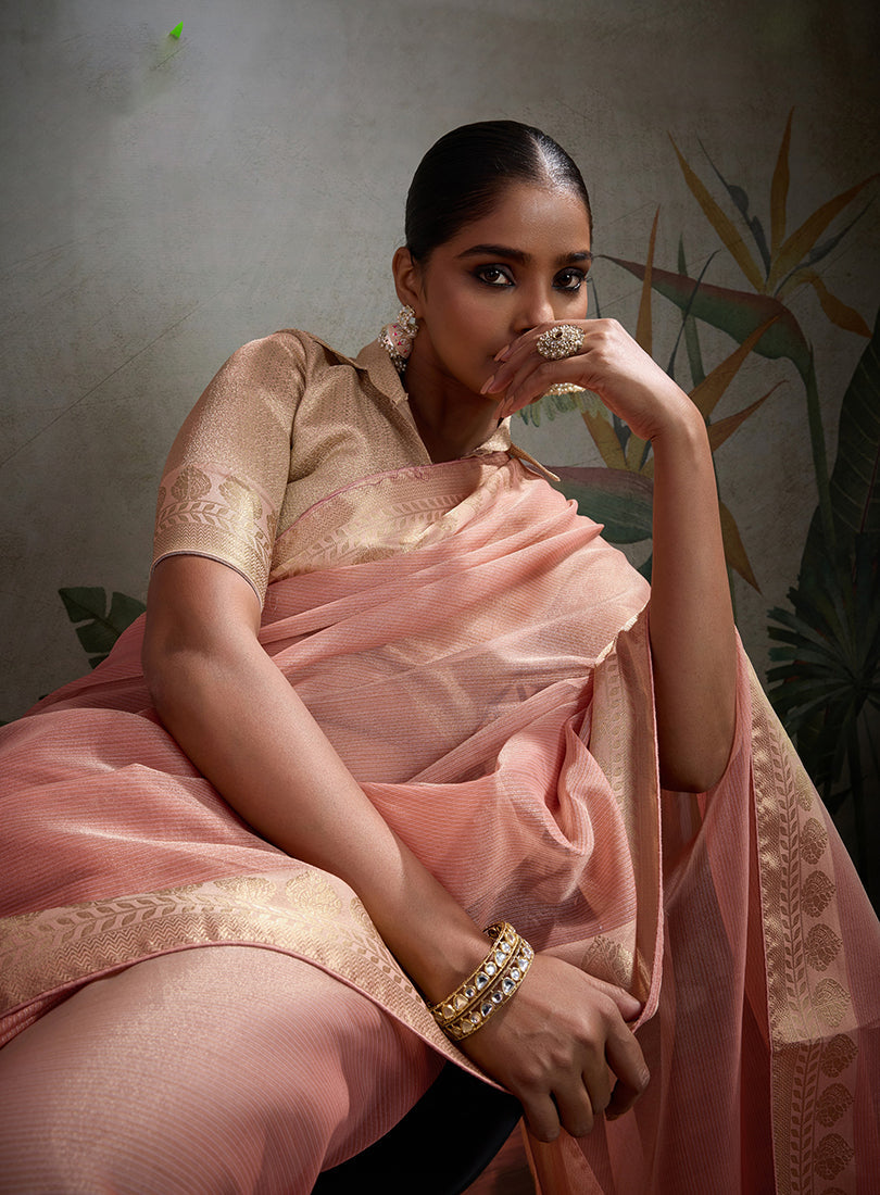Monjolika Fashion Moiety Light Peach Soft Tissue Silk Saree With Tissue Brocade Blouse Piece