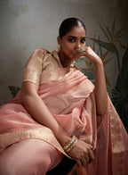 Monjolika Fashion Moiety Light Peach Soft Tissue Silk Saree With Tissue Brocade Blouse Piece