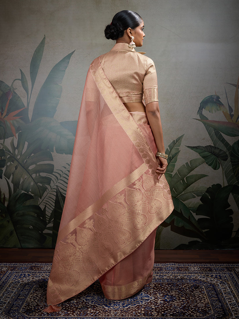 Monjolika Fashion Moiety Light Peach Soft Tissue Silk Saree With Tissue Brocade Blouse Piece
