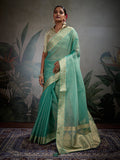 Monjolika Fashion Moiety Light Blue Soft Tissue Silk Saree With Tissue Brocade Blouse Piece